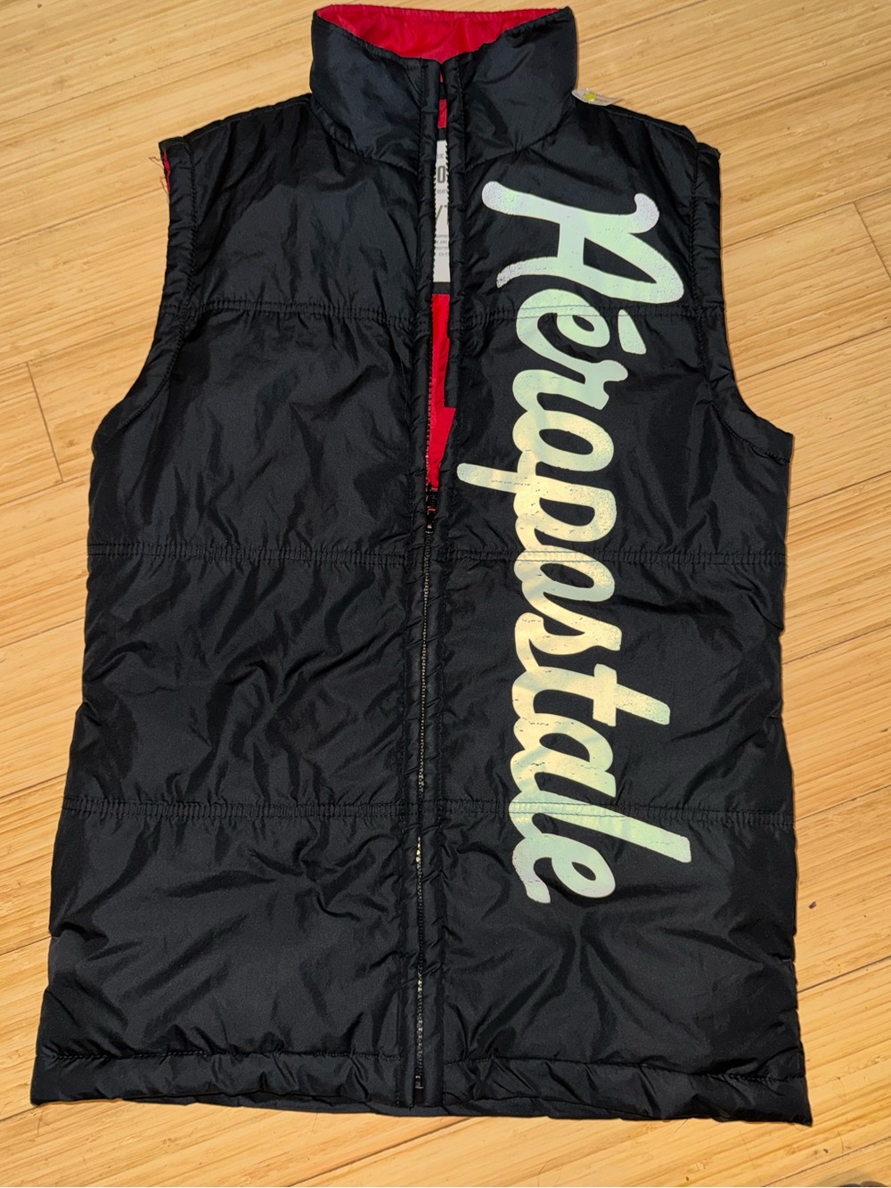Aeropostale Puffer Vest Black Red Lining Vertical Logo Sz XS